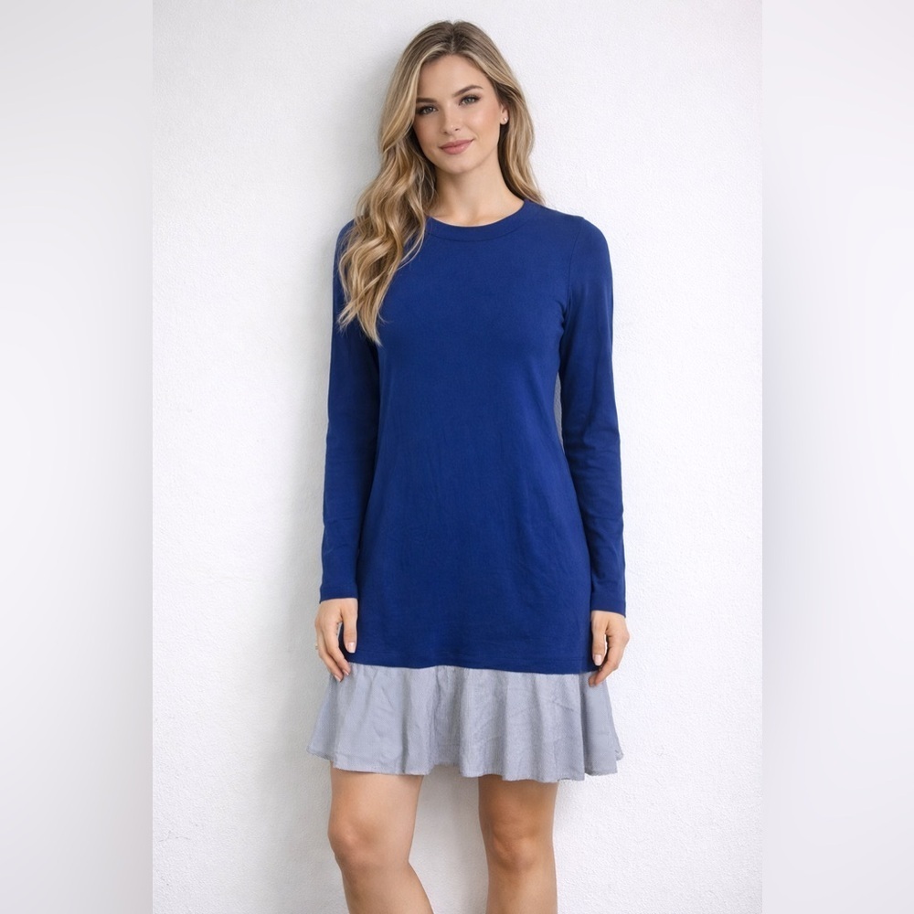 White + Warren Blue 100% Cotton Dress XS Long Sleeve Minimal EUC